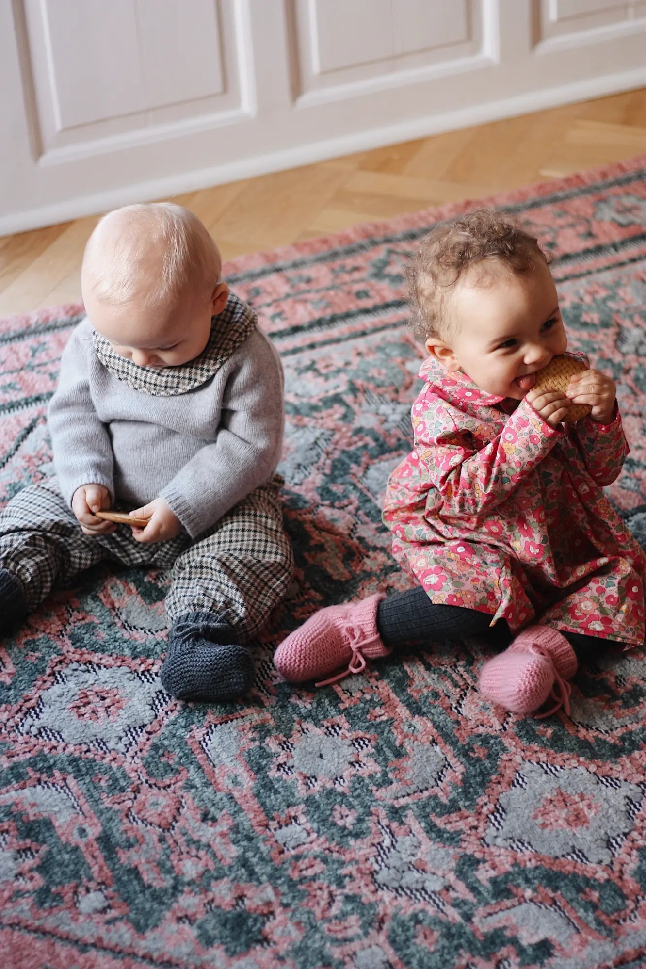 Baby boy wearing Lalaby Alpha shoes in storm grey cashmere