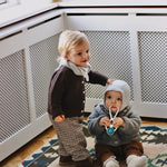 Baby boy wearing Lalaby Atlas scarf in bluey light blue cashmere