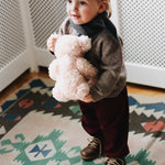 Baby boy wearing Lalaby Atlas scarf for babies, kids and adults in storm grey cashmere