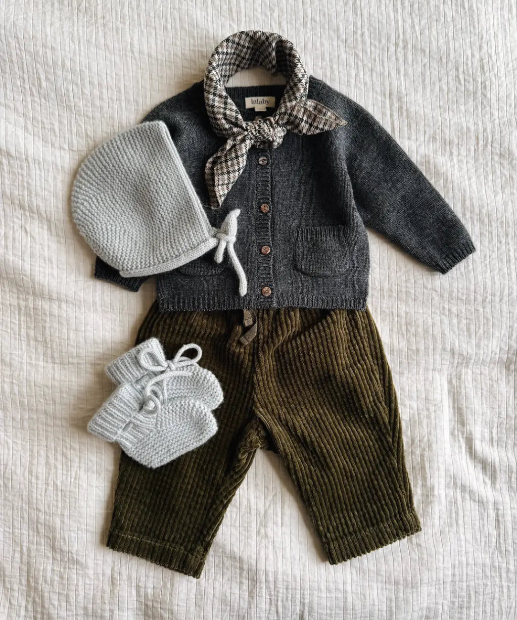 Lalaby AW26 baby boy look in shades of storm, forest, bluey & tweedy