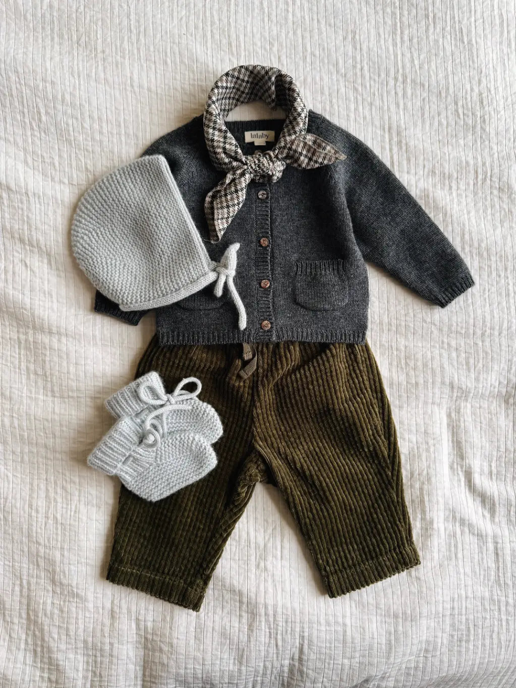 Lalaby AW26 baby boy look in shades of storm, forest, bluey & tweedy