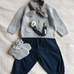 Lalaby AW26 baby boy look in shades of bluey, whale & tiny check brown
