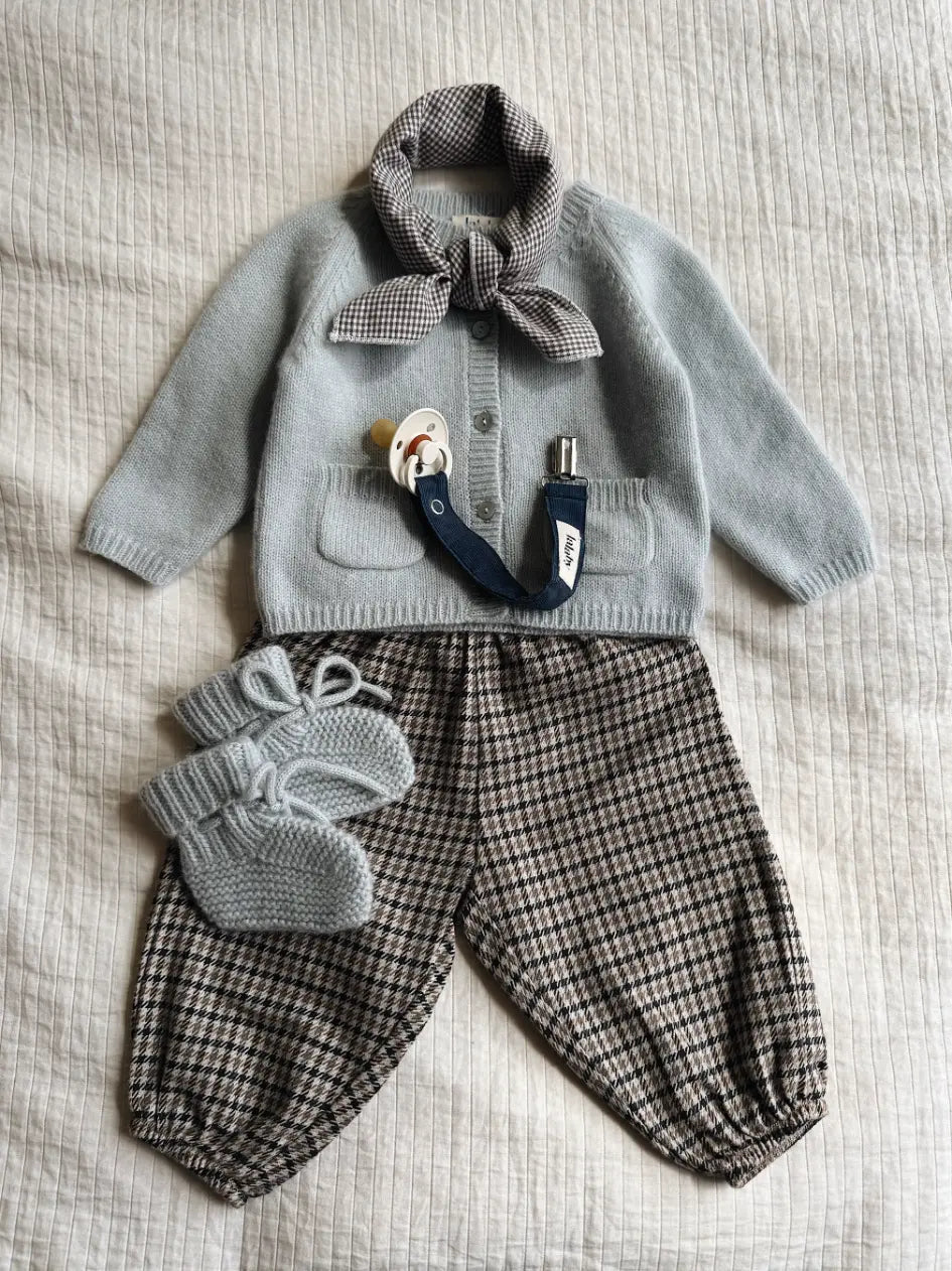 Lalaby AW26 baby boy look in shades of bluey, tweedy, whale & tiny check brown