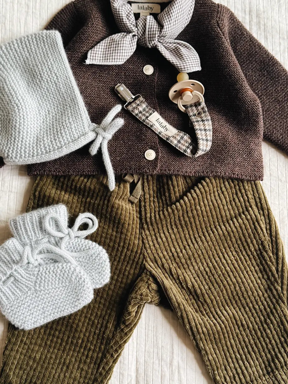 Lalaby AW26 baby boy look in shades of chocolate, bluey, tweedy, forest & tiny check brown