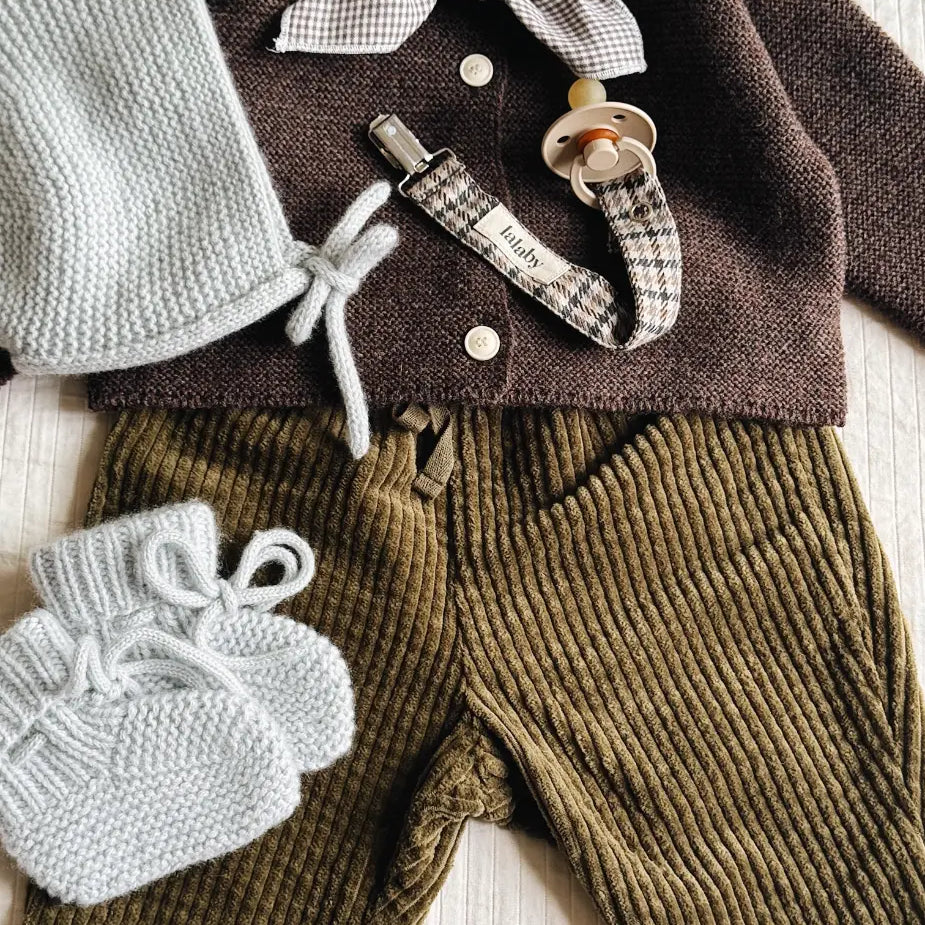 Lalaby AW26 baby boy look in shades of chocolate, bluey, tweedy, forest & tiny check brown