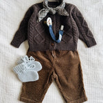 Lalaby AW26 baby boy look in shades of chocolate, tweedy, cookie, whale & bluey
