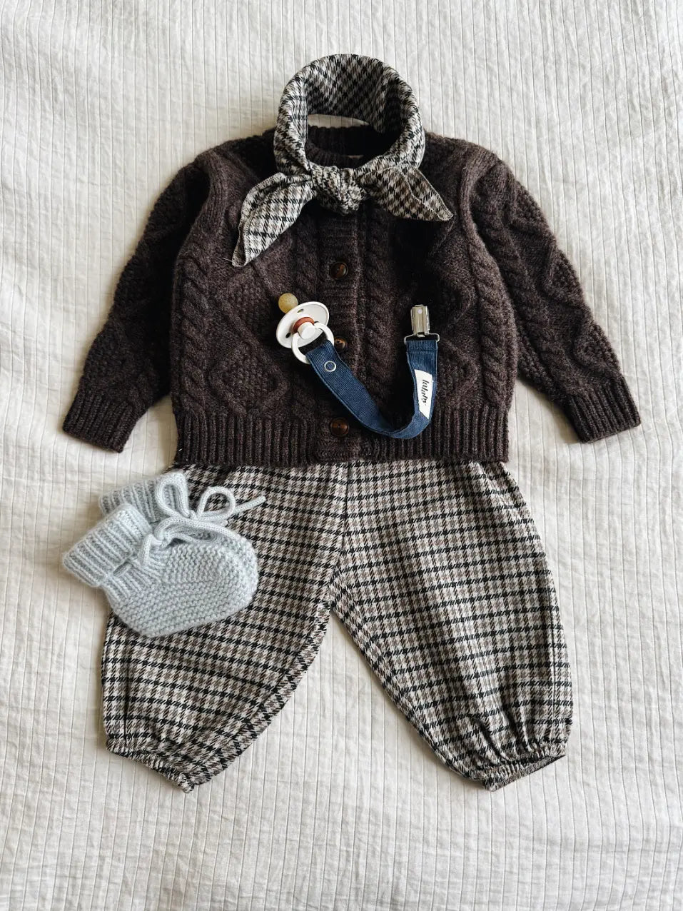 Lalaby AW26 baby boy look in shades of chocolate, tweedy, whale & bluey