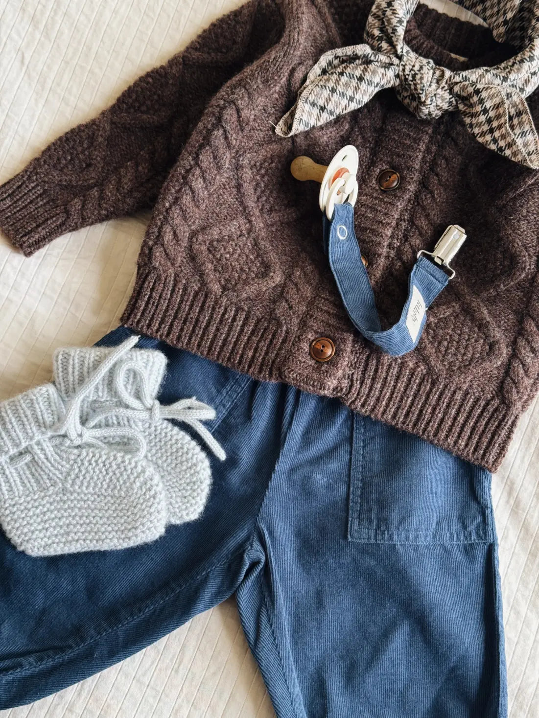 Lalaby AW26 baby boy look in shades of chocolate, tweedy, bluey & whale 