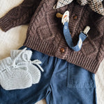 Lalaby AW26 baby boy look in shades of chocolate, tweedy, bluey & whale 