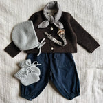 Lalaby AW26 baby boy look in shades of chocolate, whale, bluey, tweedy & tiny check brown