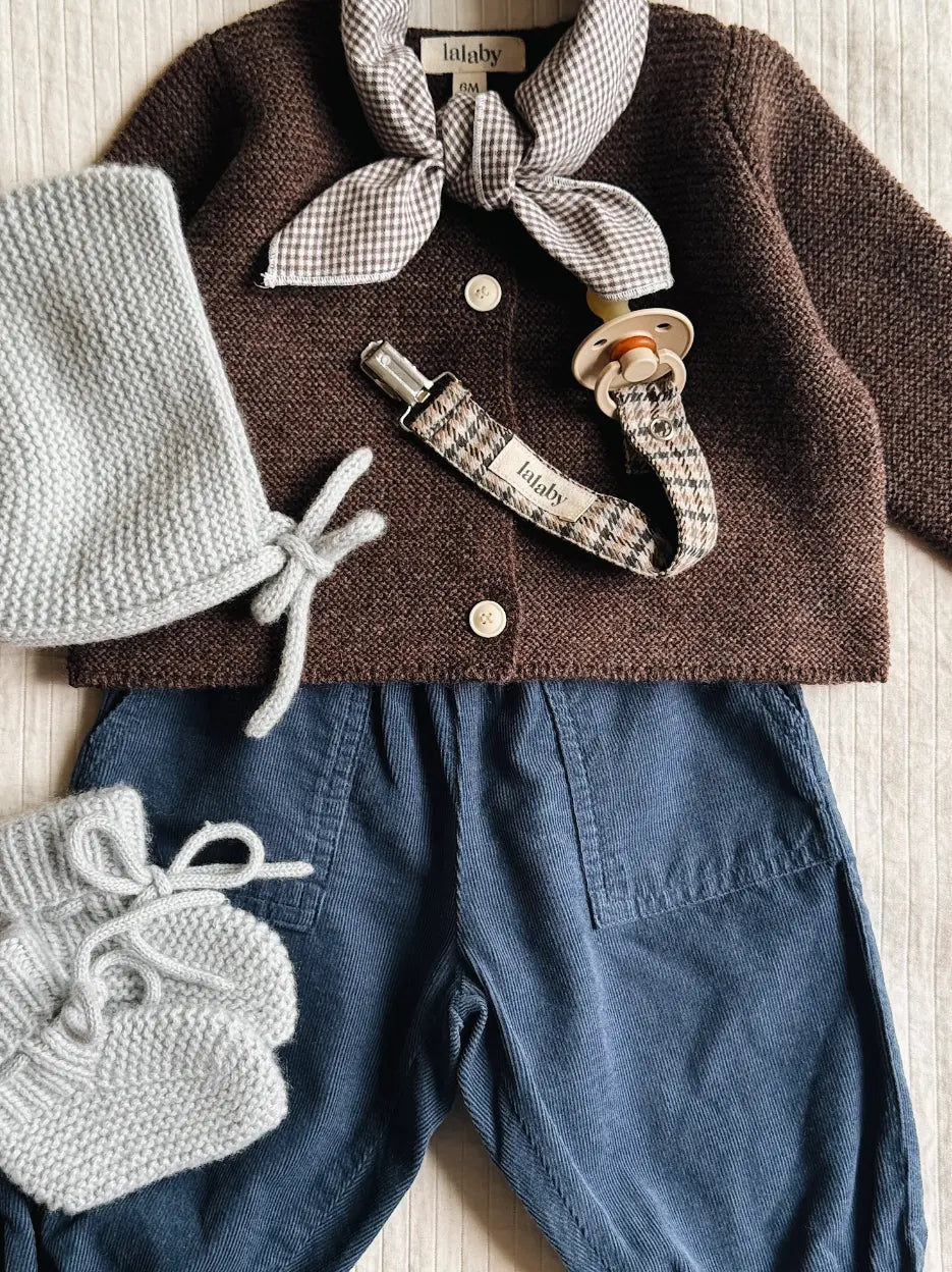 Lalaby AW26 baby boyl ook in shades of chocolate, whale, bluey & tweedy
