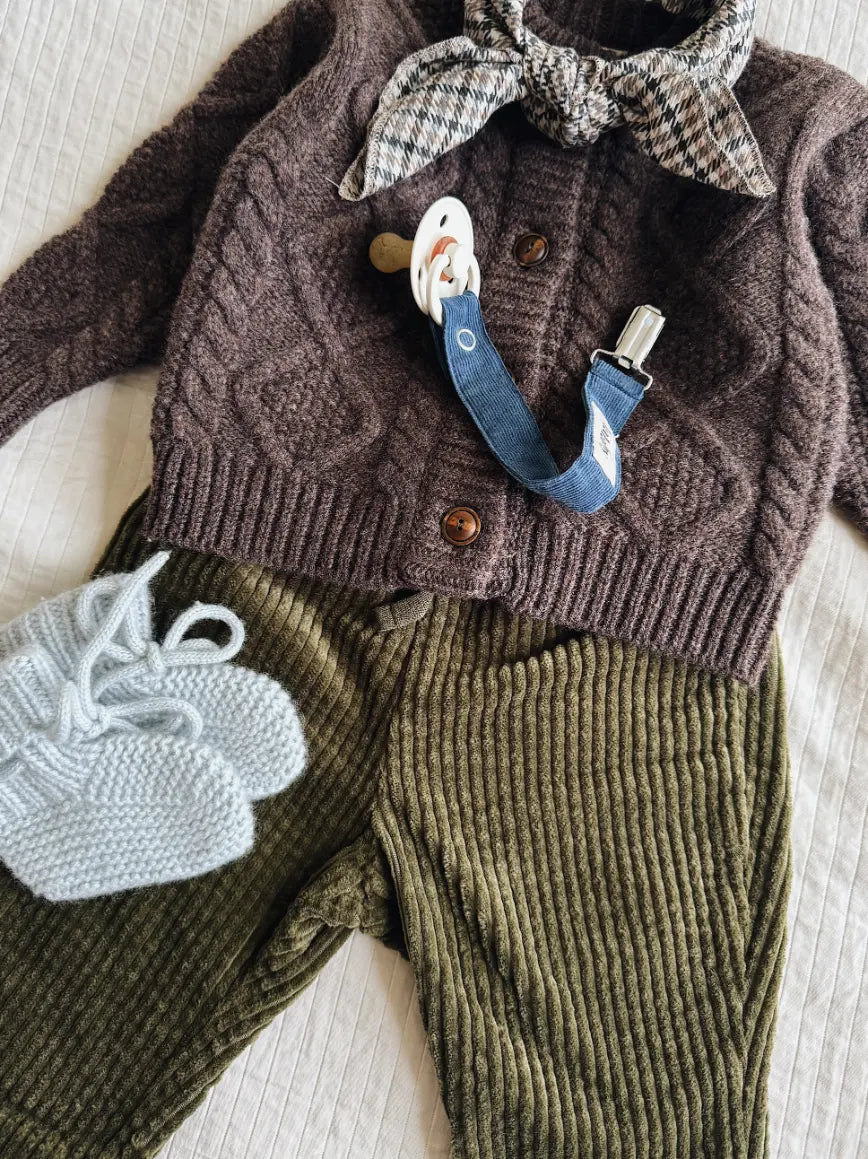 Lalaby AW26 baby boy look in shades of chocolate, tweedy, bluey, whale & forest