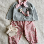 Lalaby AW26 baby girl look in shades of bluey, pink flower cord, natural & tiny check pink