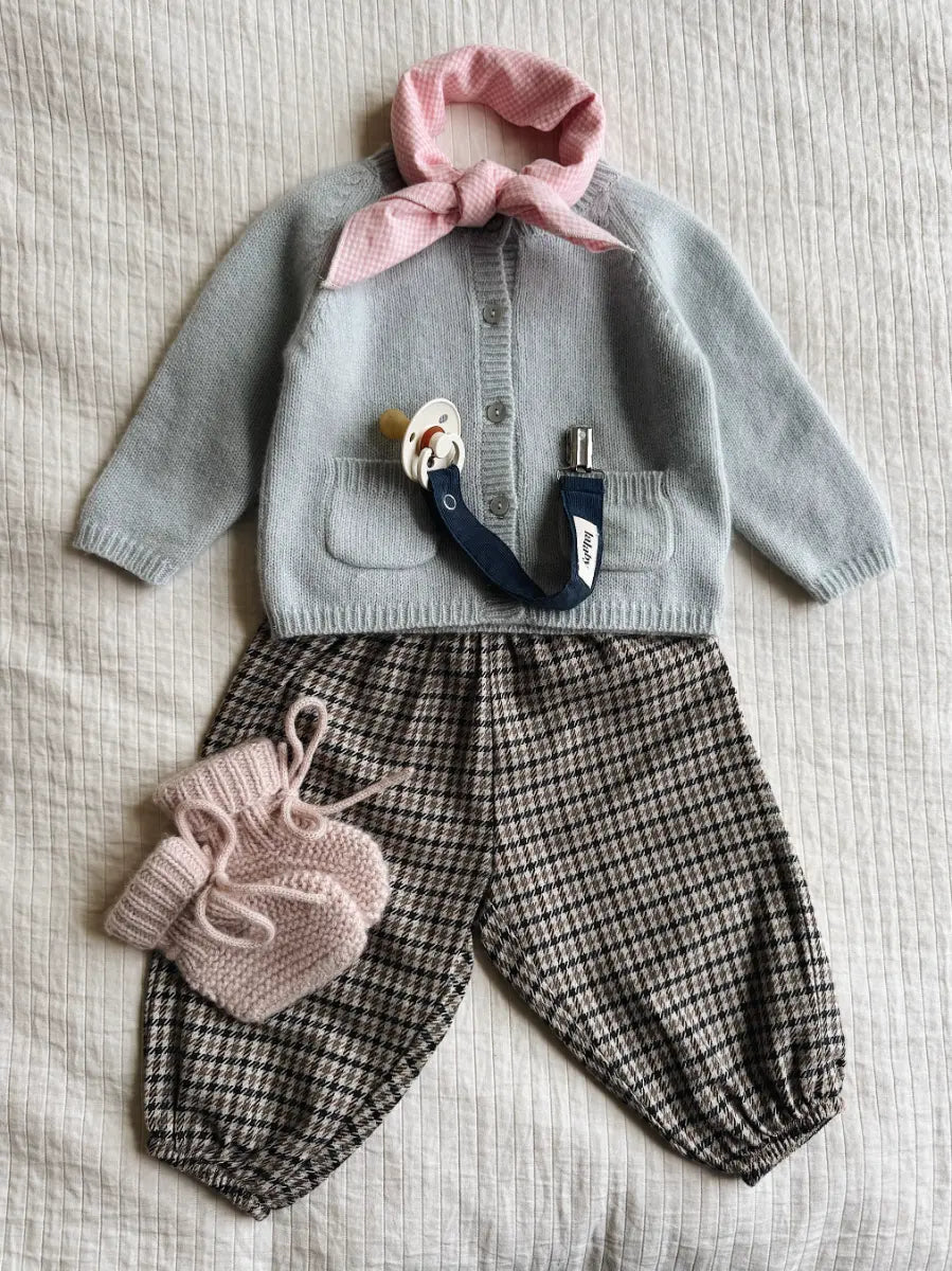 Lalaby AW26 baby girl look in shades of bluey, tweedy, powder, whale & tiny check pink