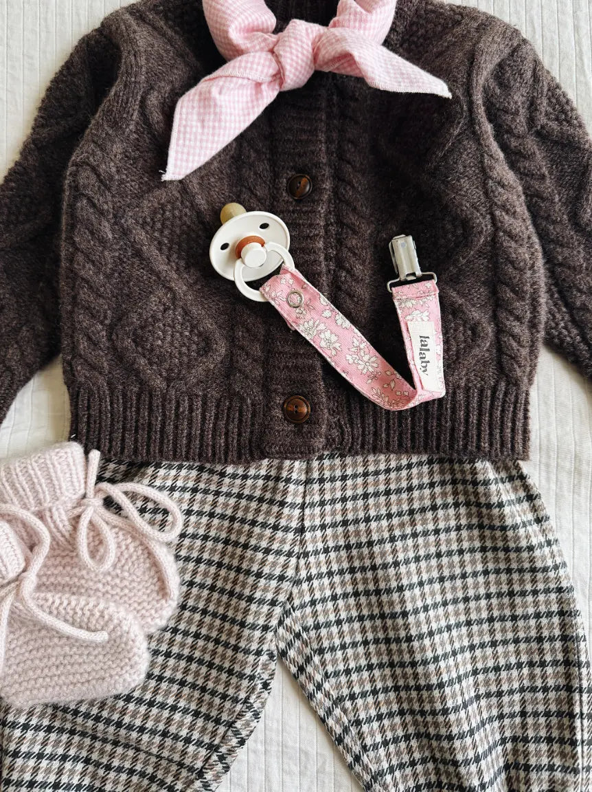 Lalaby AW26 baby boy look in shades of chocolate, tweedy, powder, pink flower cord & tiny check pink