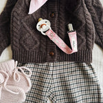 Lalaby AW26 baby boy look in shades of chocolate, tweedy, powder, pink flower cord & tiny check pink