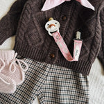 Lalaby AW26 baby girl look in shades of chocolate, tweedy, powder, pink flower cord & tiny check pink
