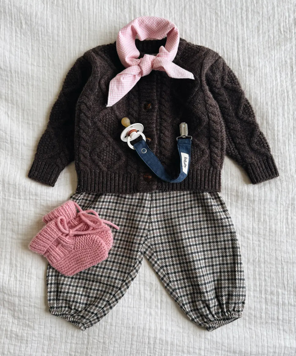 Lalaby AW26 baby girl look in shades of chocolate, tweedy, sorbet, whale & tiny check pink