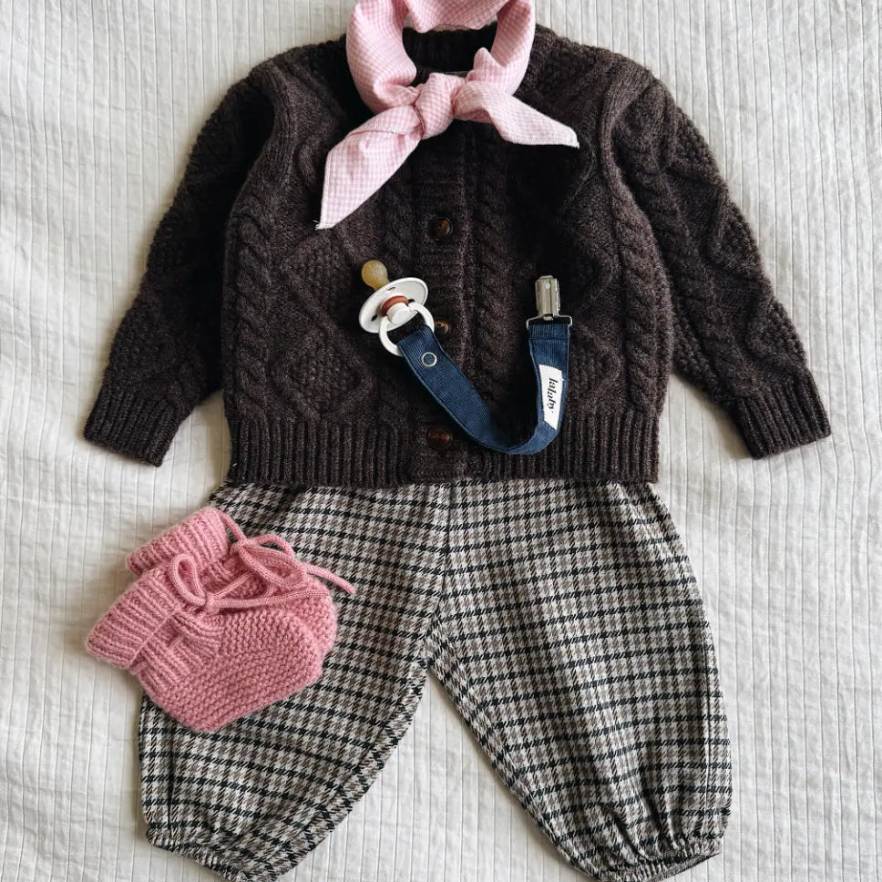 Lalaby AW26 baby girl look in shades of chocolate, tweedy, sorbet, whale & tiny check pink