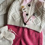 Lalaby AW26 baby girl look in shades of natural, flamingo, pink flower cord & tiny check pink