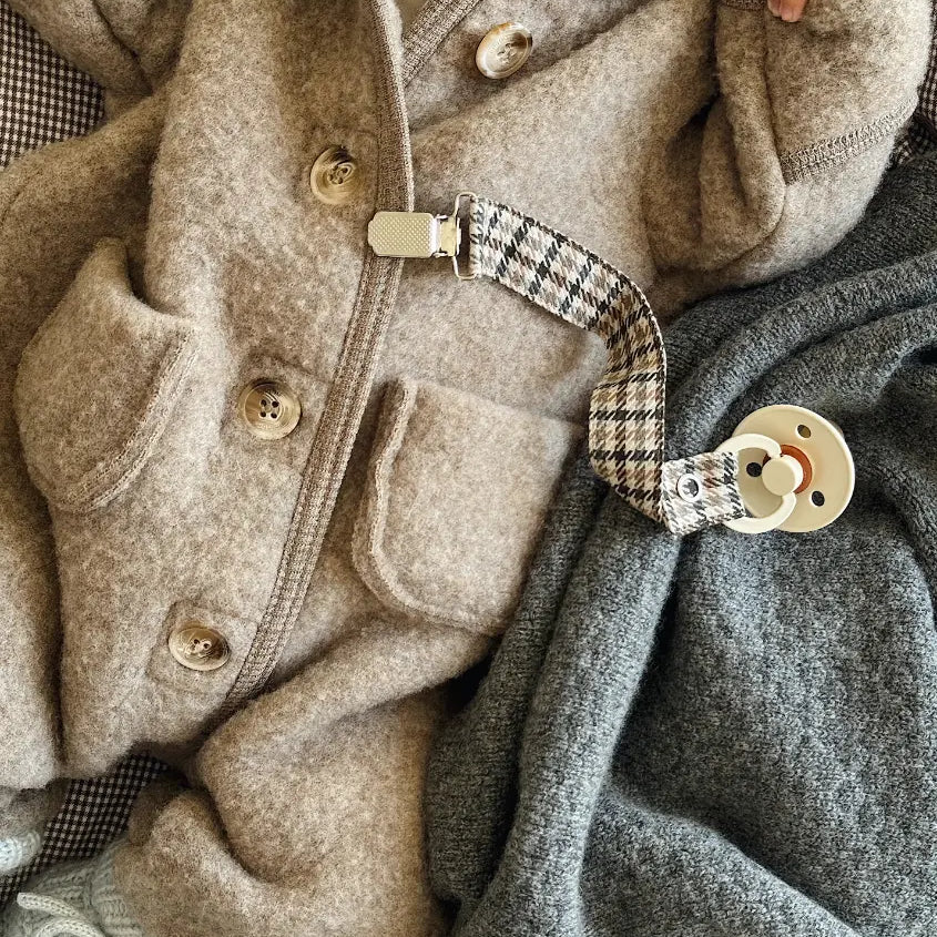 Lalaby baby boy look in shades of bluey, storm, hazel, tweedy and tiny check brown