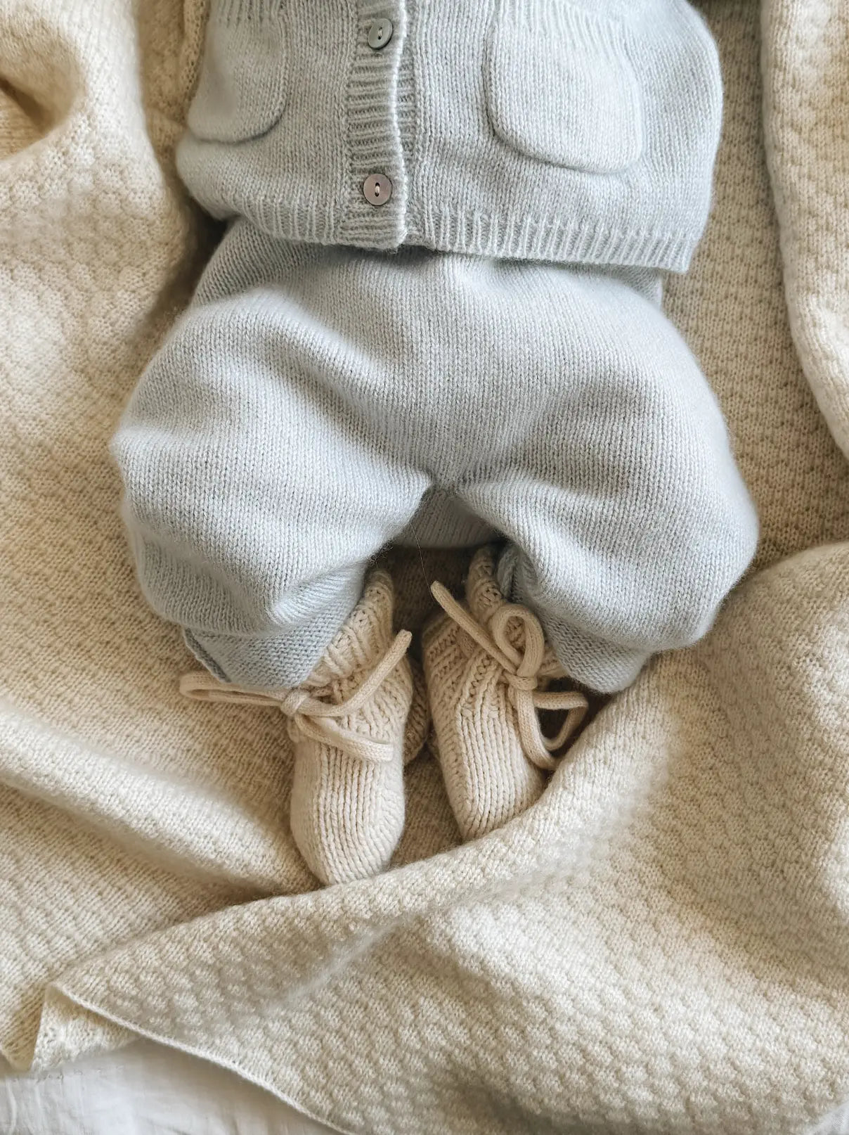 Lalaby baby boy look in shades of bluey, natural and tweedy