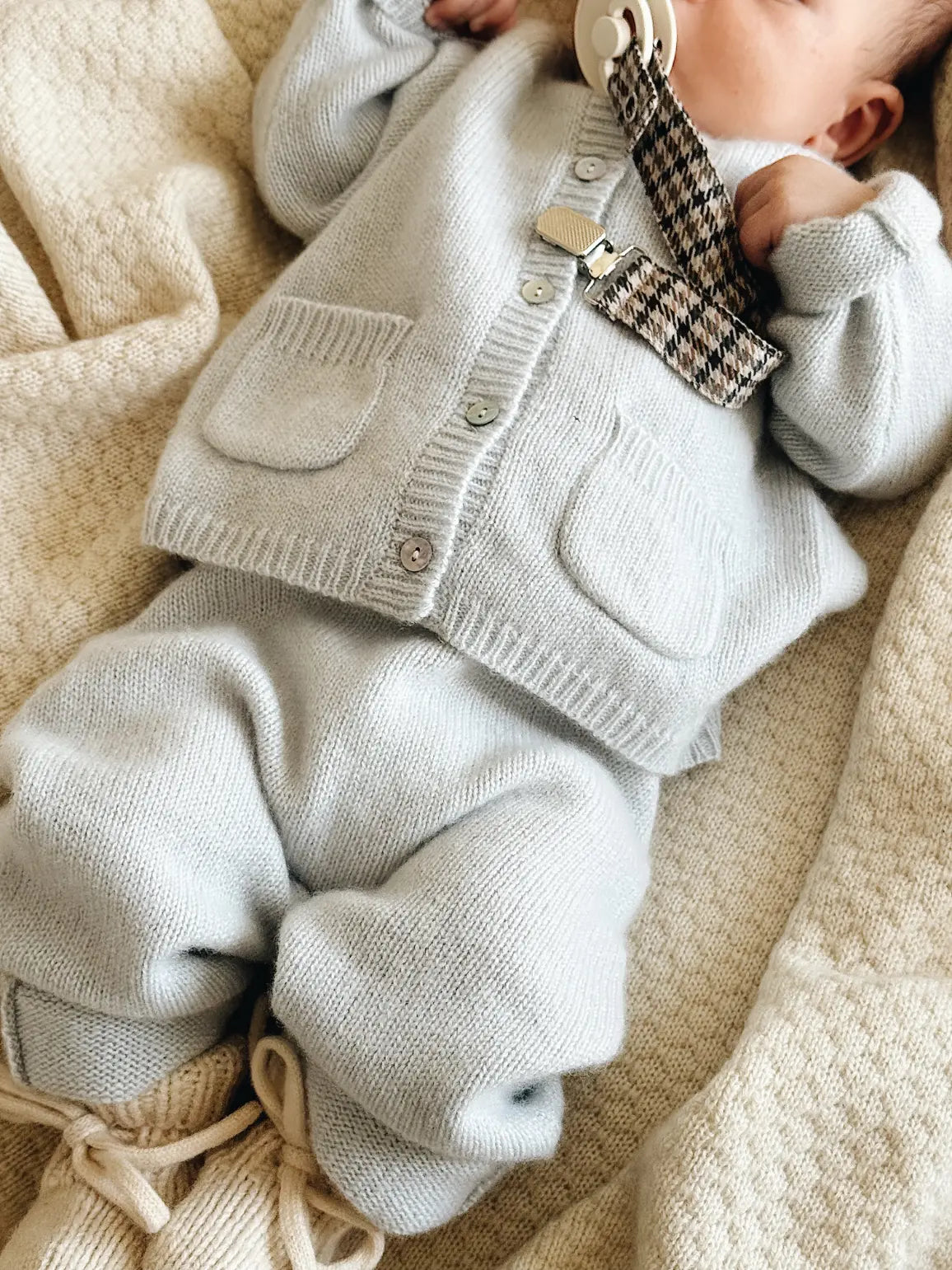 Lalaby baby boy look in shades of bluey, natural and tweedy