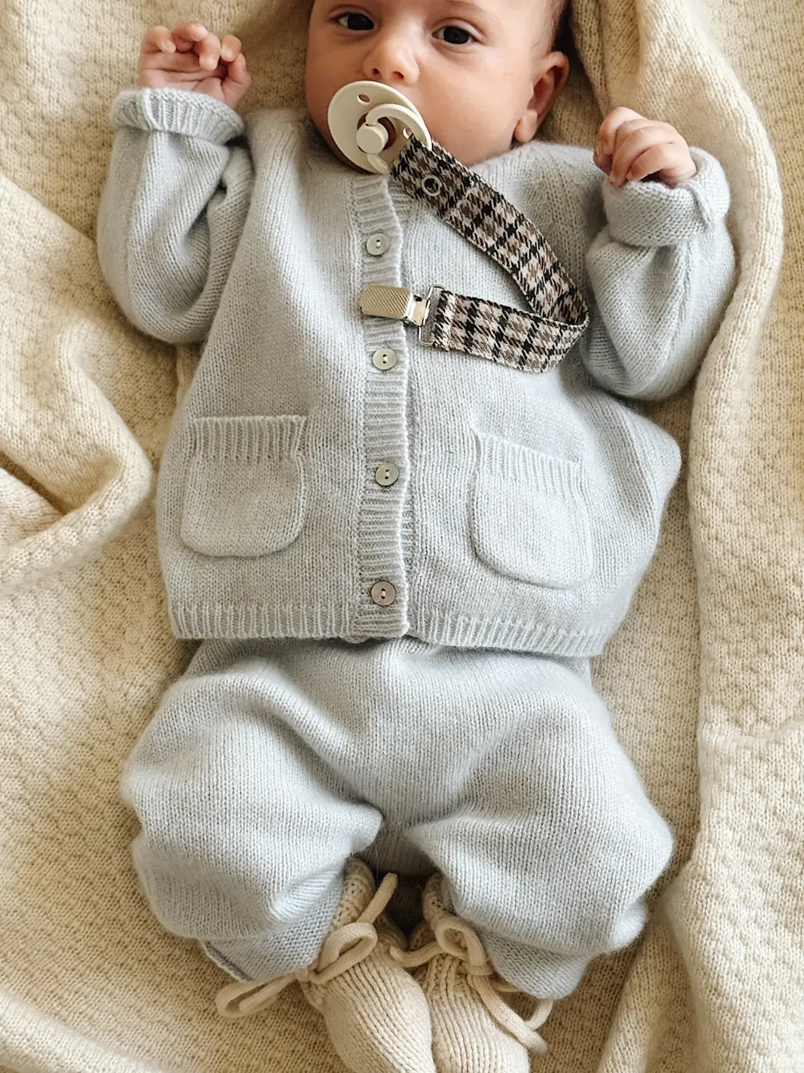 Lalaby baby boy look in shades of bluey, natural and tweedy