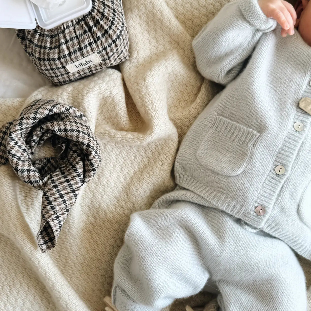 Lalaby baby boy look in shades of bluey, natural and tweedy