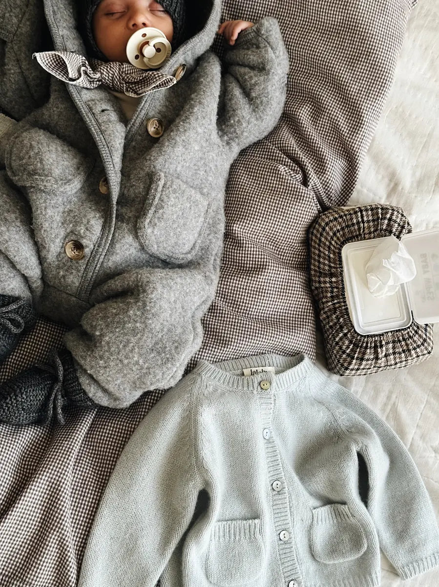 Lalaby baby boy look in shades of bluey, storm, elephant and tiny check brown