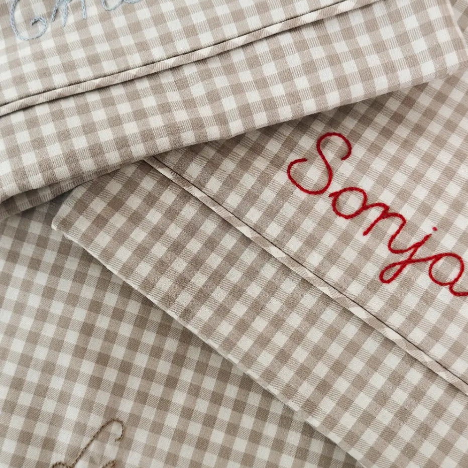 Hand embroidered Lalaby classic baby bedding in 100% cotton beige gingham