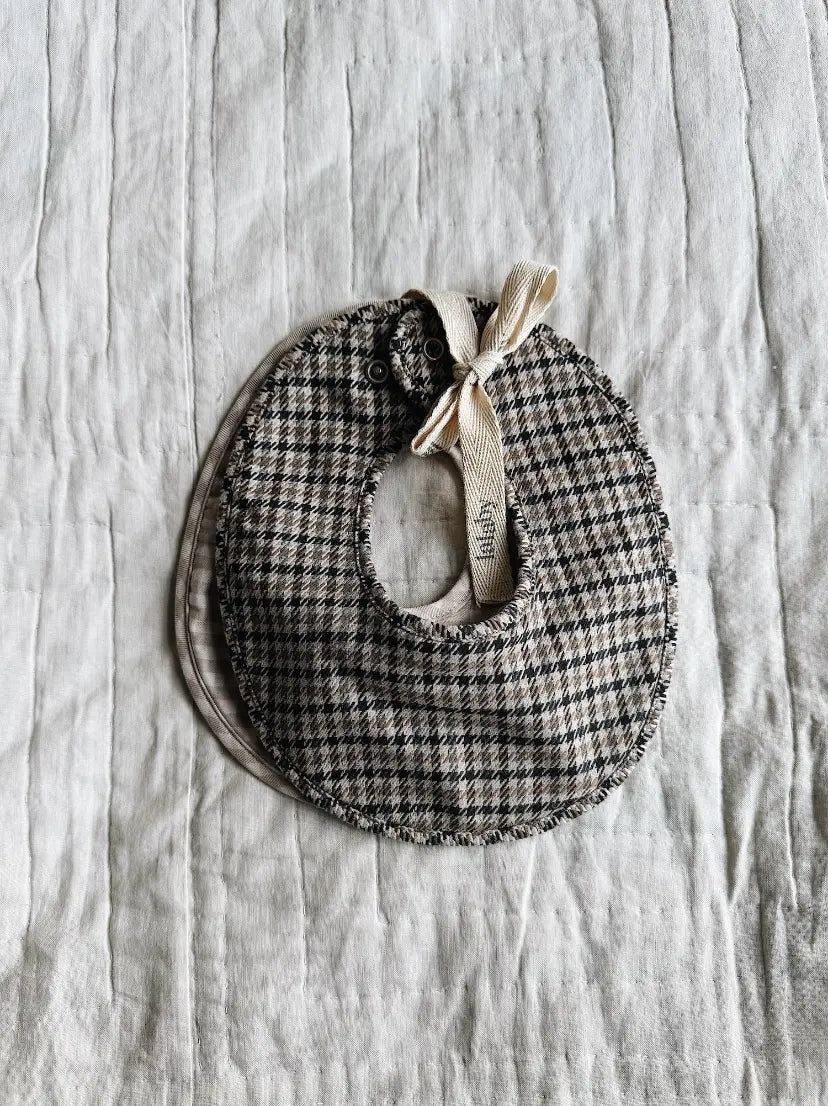 Lalaby set of Bibi bibs for babies in tweedy check and beige gingham organic cotton