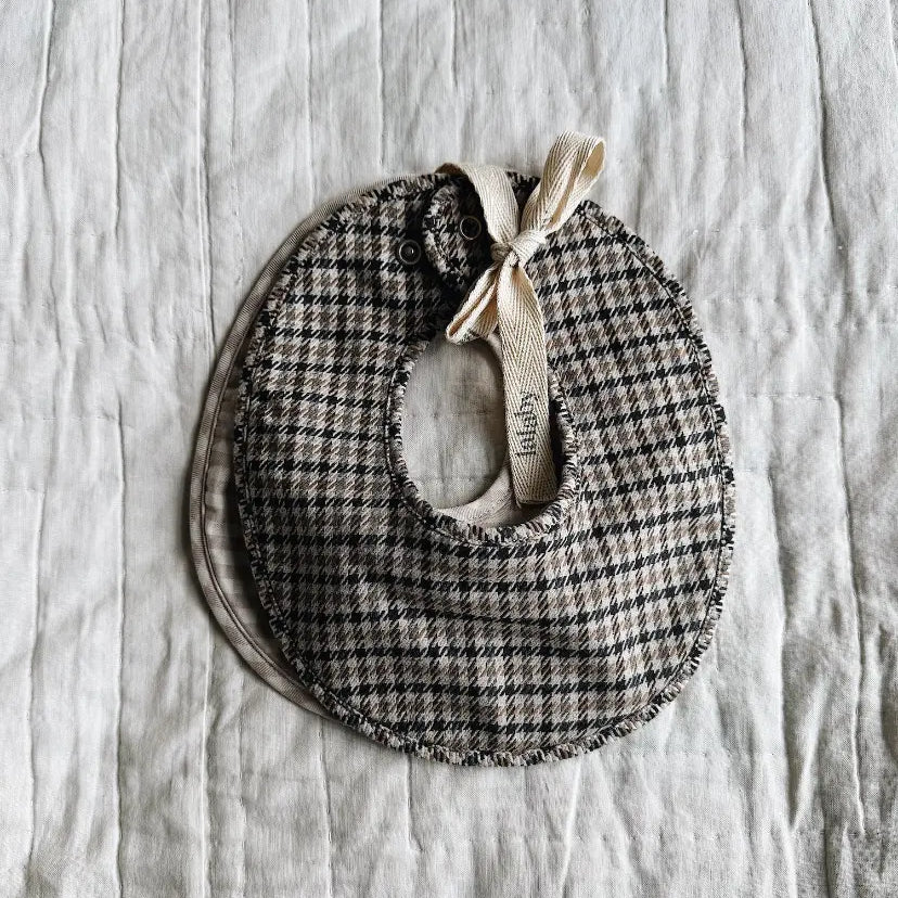 Lalaby set of Bibi bibs for babies in tweedy check and beige gingham organic cotton