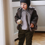 Baby boy wearing Lalaby Bobo hat in storm grey cashmere
