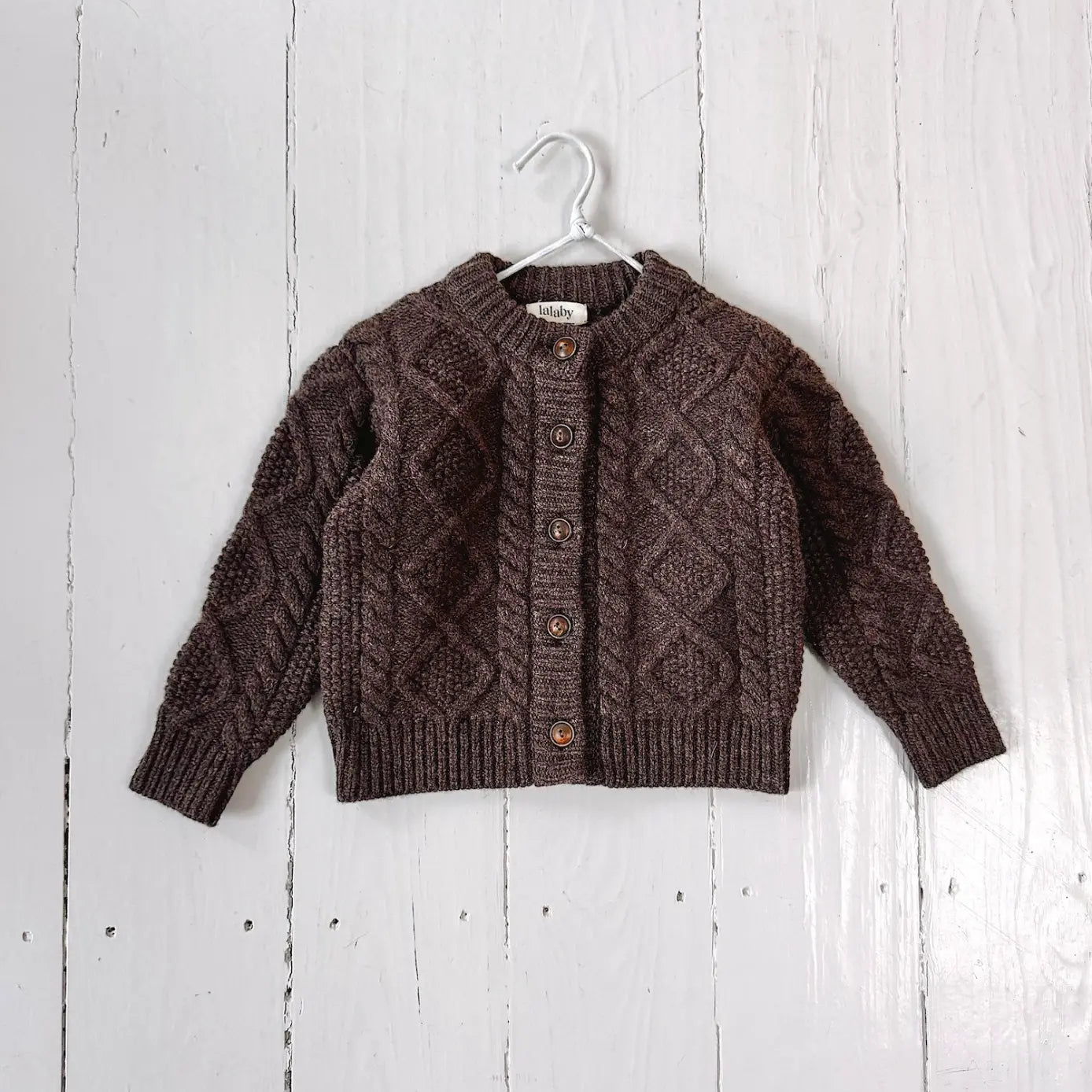 Lalaby Coby cardigan for babies in chocolate brown merino wool