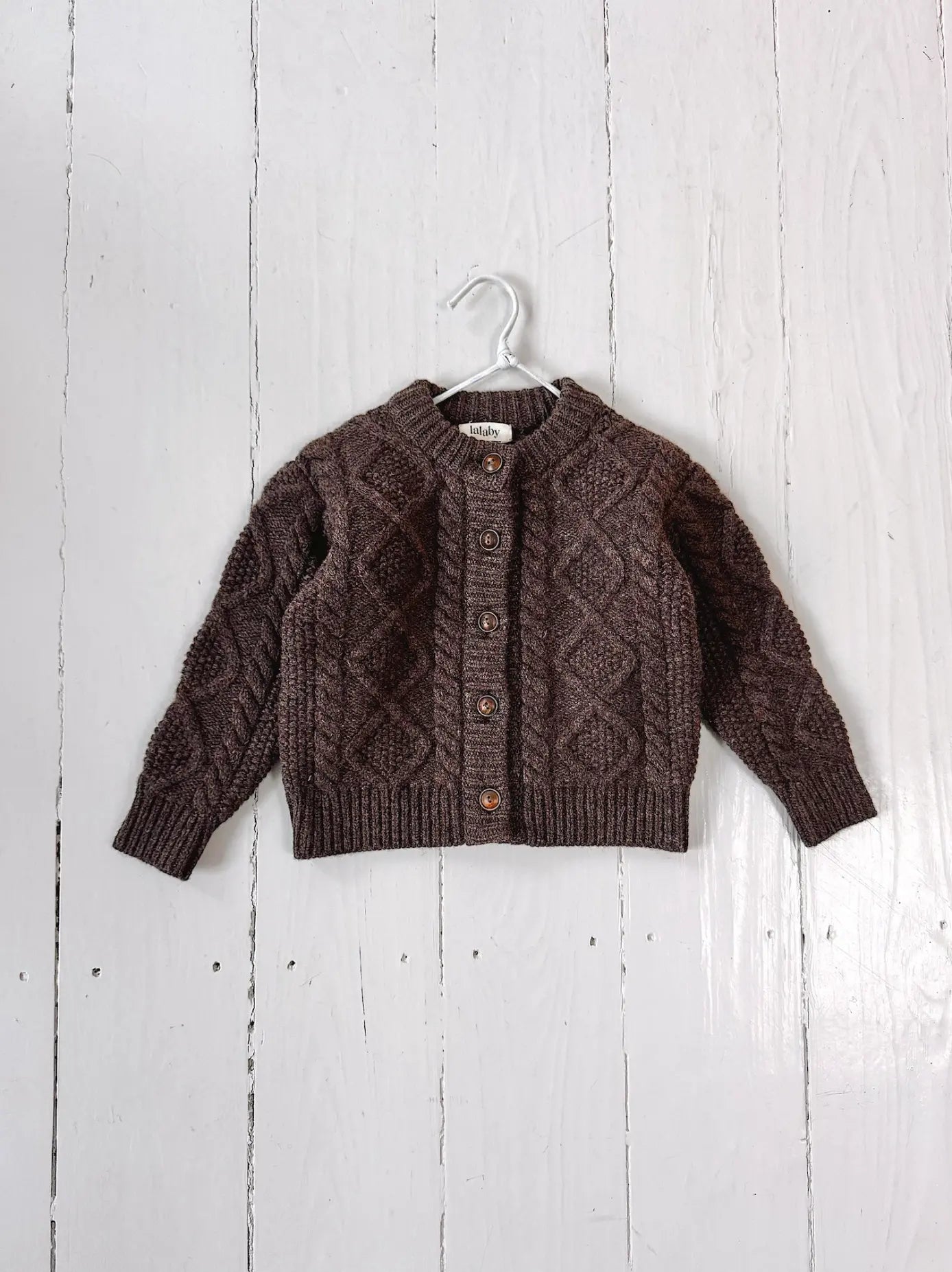 Lalaby Coby cardigan for babies in chocolate brown merino wool