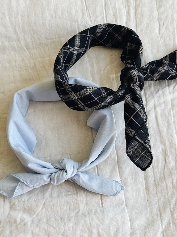 Two Lalaby Eddie scarfs in sky blue and blue check organic cotton, for babies and kids
