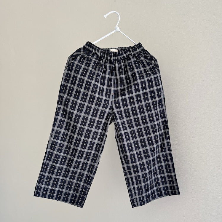 Lalaby Frankie pants for kids in blue check, made from organic cotton
