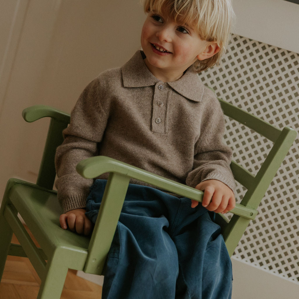 Boy wearing Lalaby Maxi pants for kids in whale blue cotton baby cord