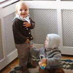 Baby boy wearing Lalaby Mio balaclava for babies and kids in bluey light blue cashmere