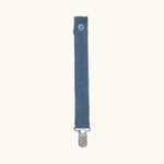 Lalaby pacifier clip in whale blue cotton baby cord with a metal clip for attachment  