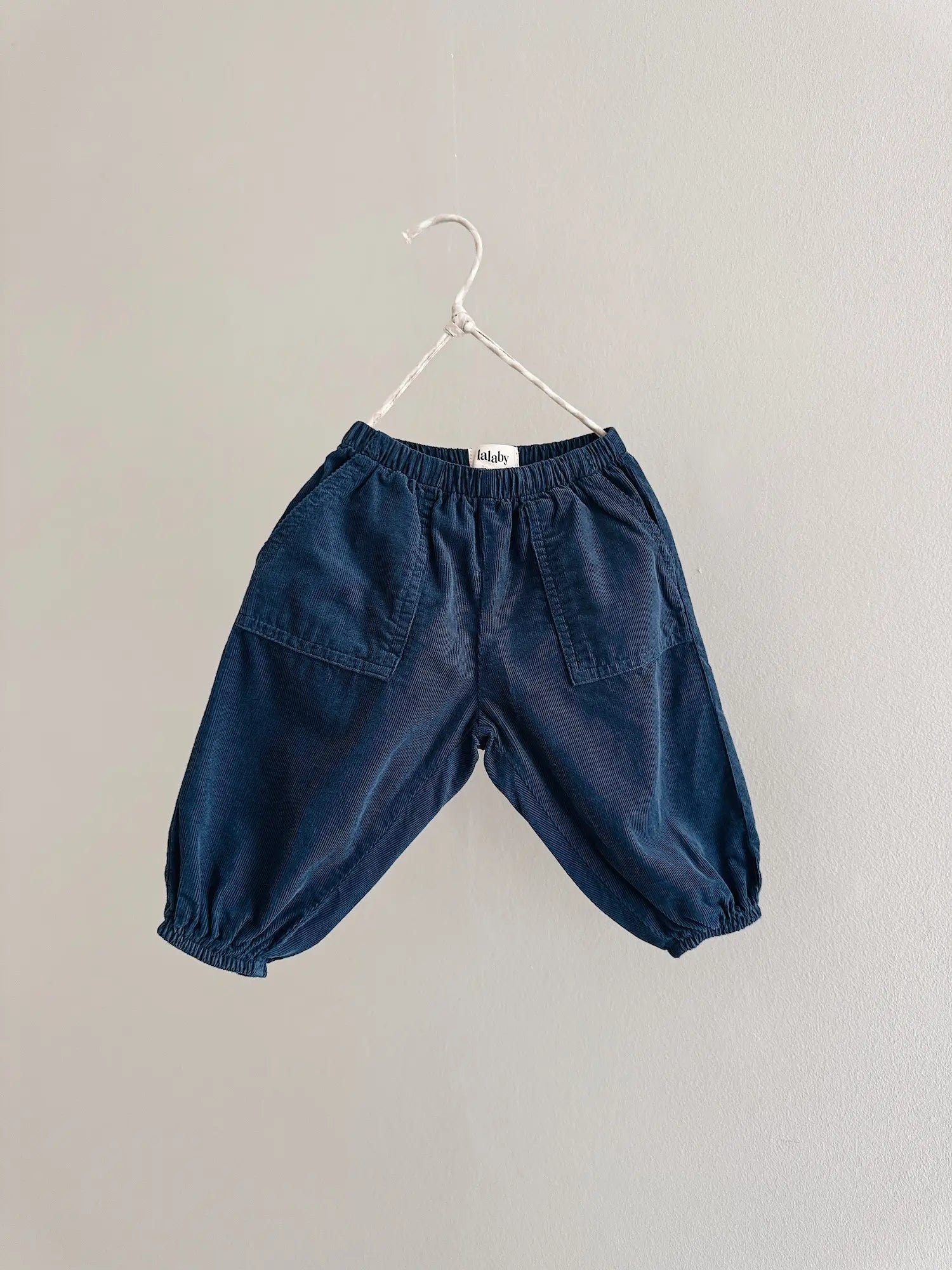 Lalaby Panda pants for babies in whale blue cotton baby cord