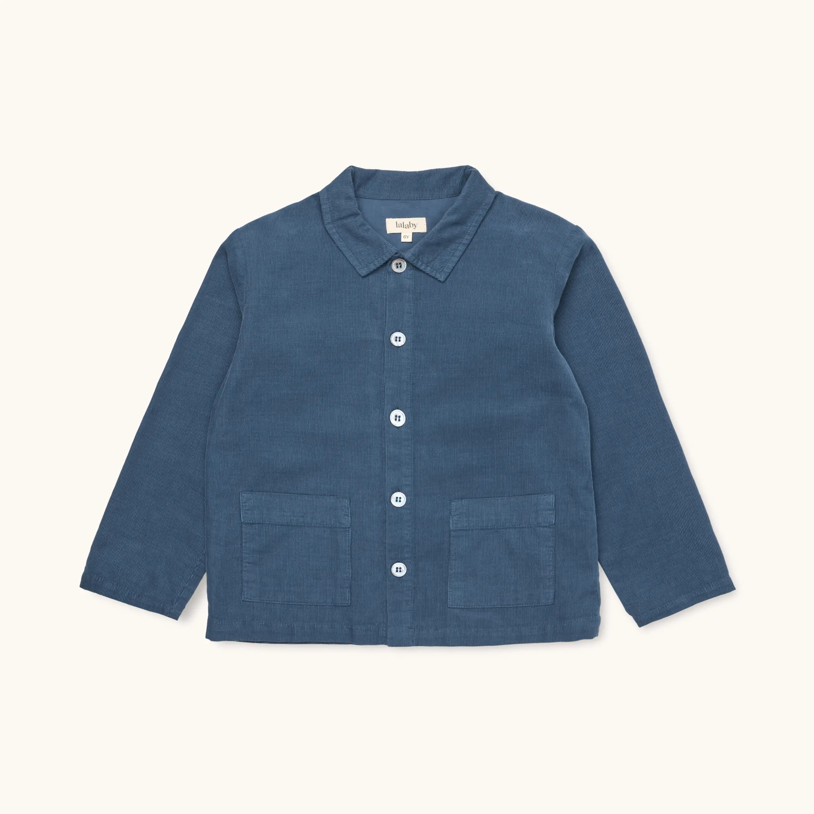 Lalaby Sam kids overshirt in whale blue cotton baby cord
