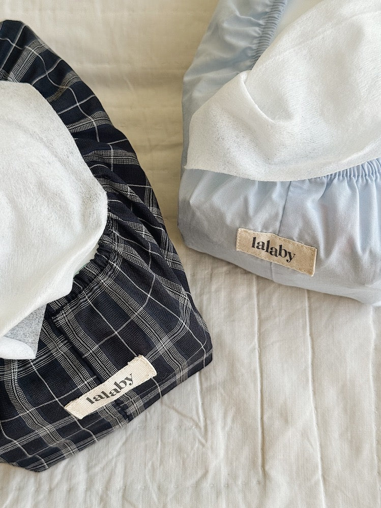 Sky blue and blue check wet wipe covers from Lalaby in organic cotton